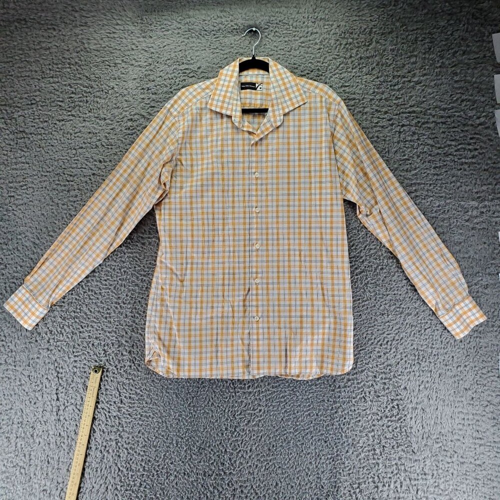 Saks Fifth Avenue Shirt Mens Large Yellow Plaid Button-Up Long Sleeve Cotton
